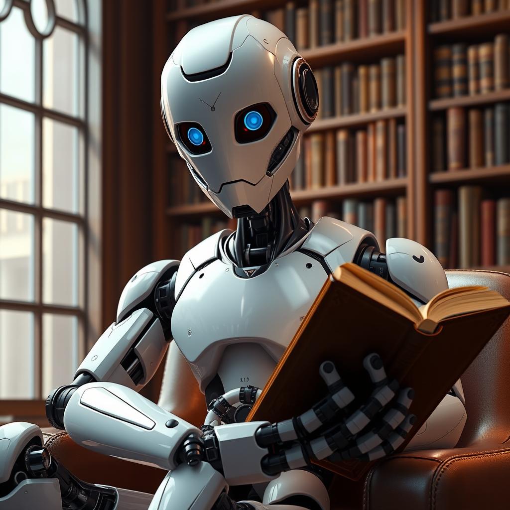 A friendly humanoid robot reading a book in a library